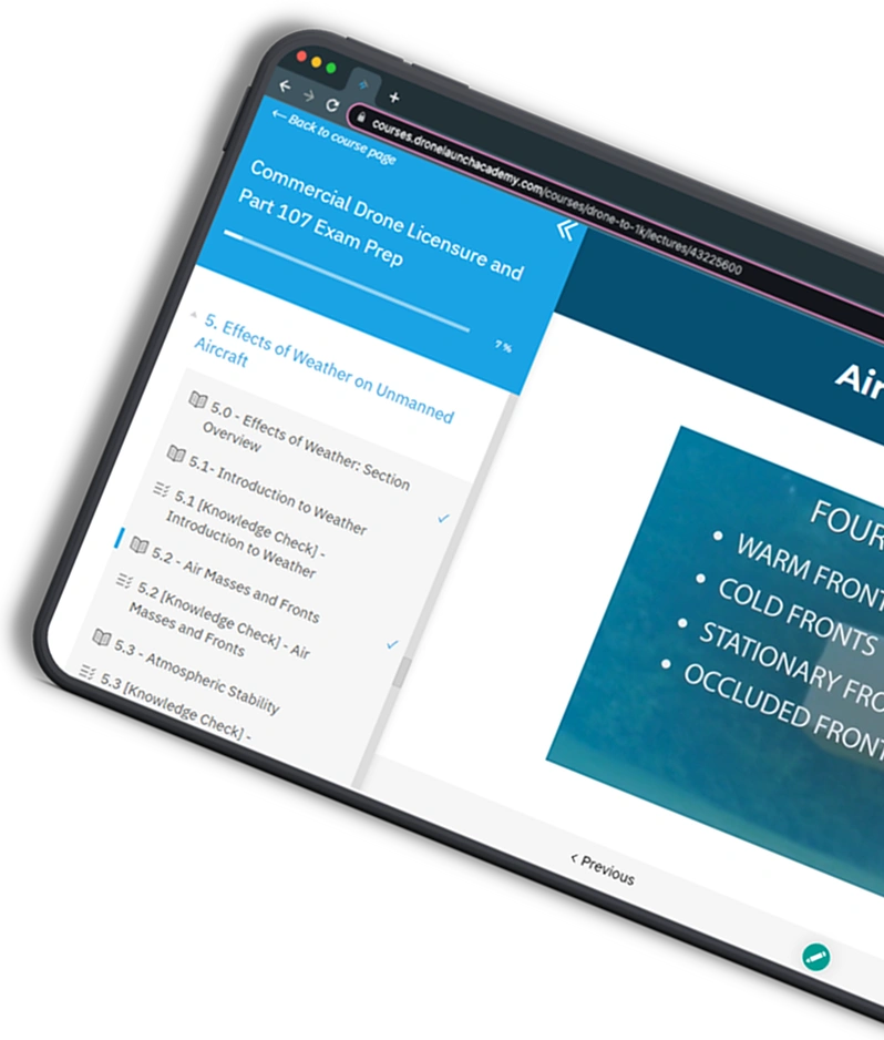 Commercial Drone Licensure course page on a tablet.
