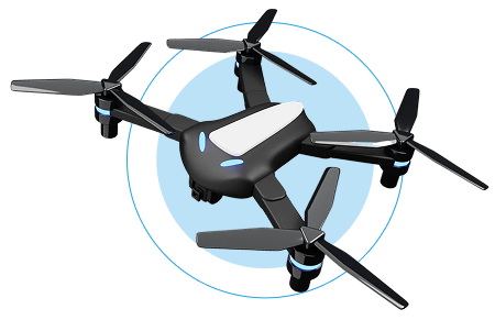Black quadcopter drone with blue accents
