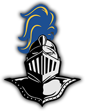 Knight helmet with blue plume.