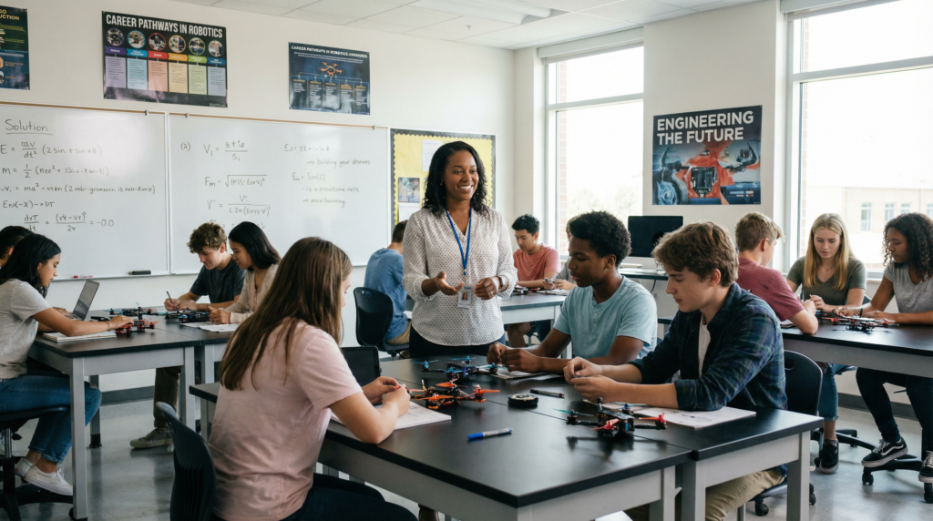Students learning robotics in classroom with teacher.