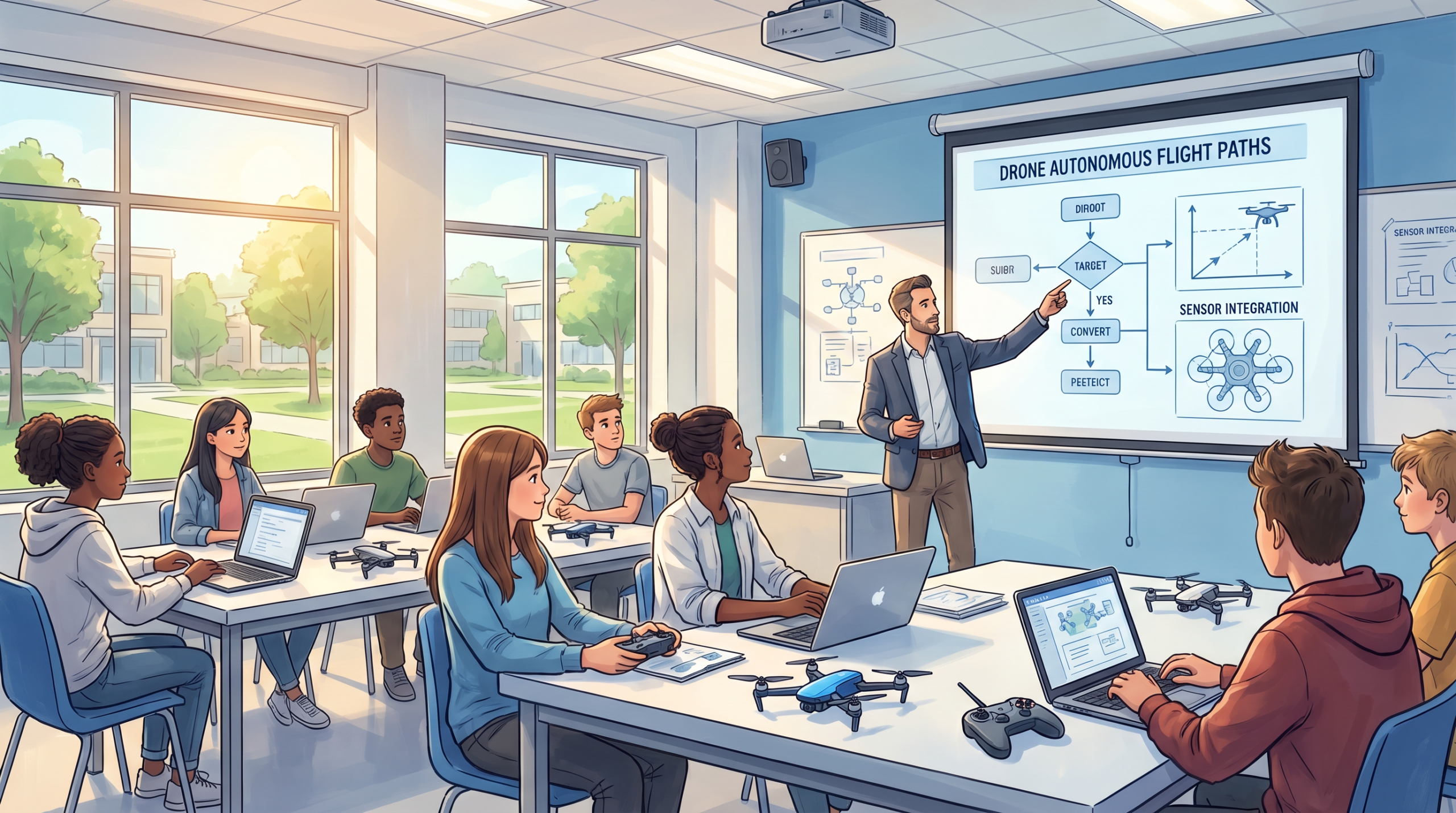 High school teacher instructing students on drone operations in a modern classroom