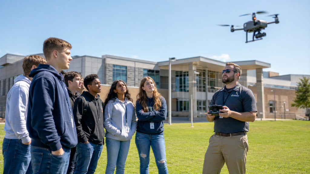 drone inspection careers education - CTE instructor demonstrating drone inspection flight to high school students - Drone Launch Learning