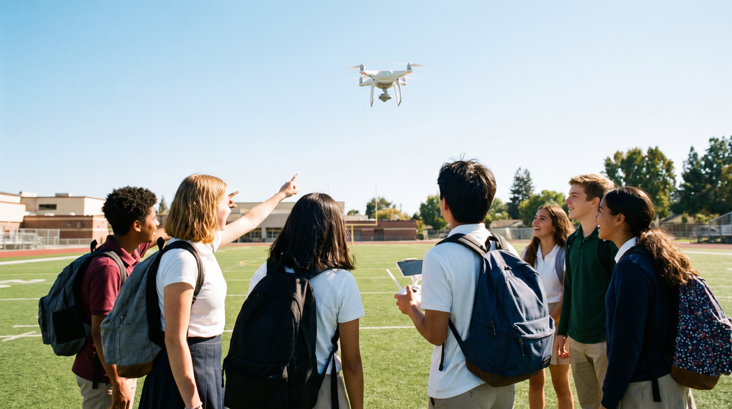 Students operating a drone on a school athletic field during a hands-on learning session