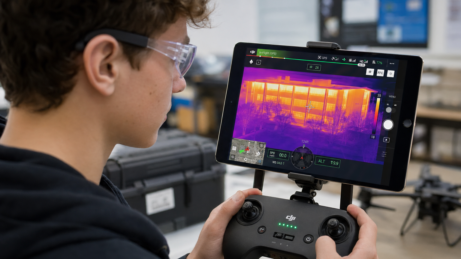 Close up of a student operating a drone controller with a thermal imaging display visible on the screen