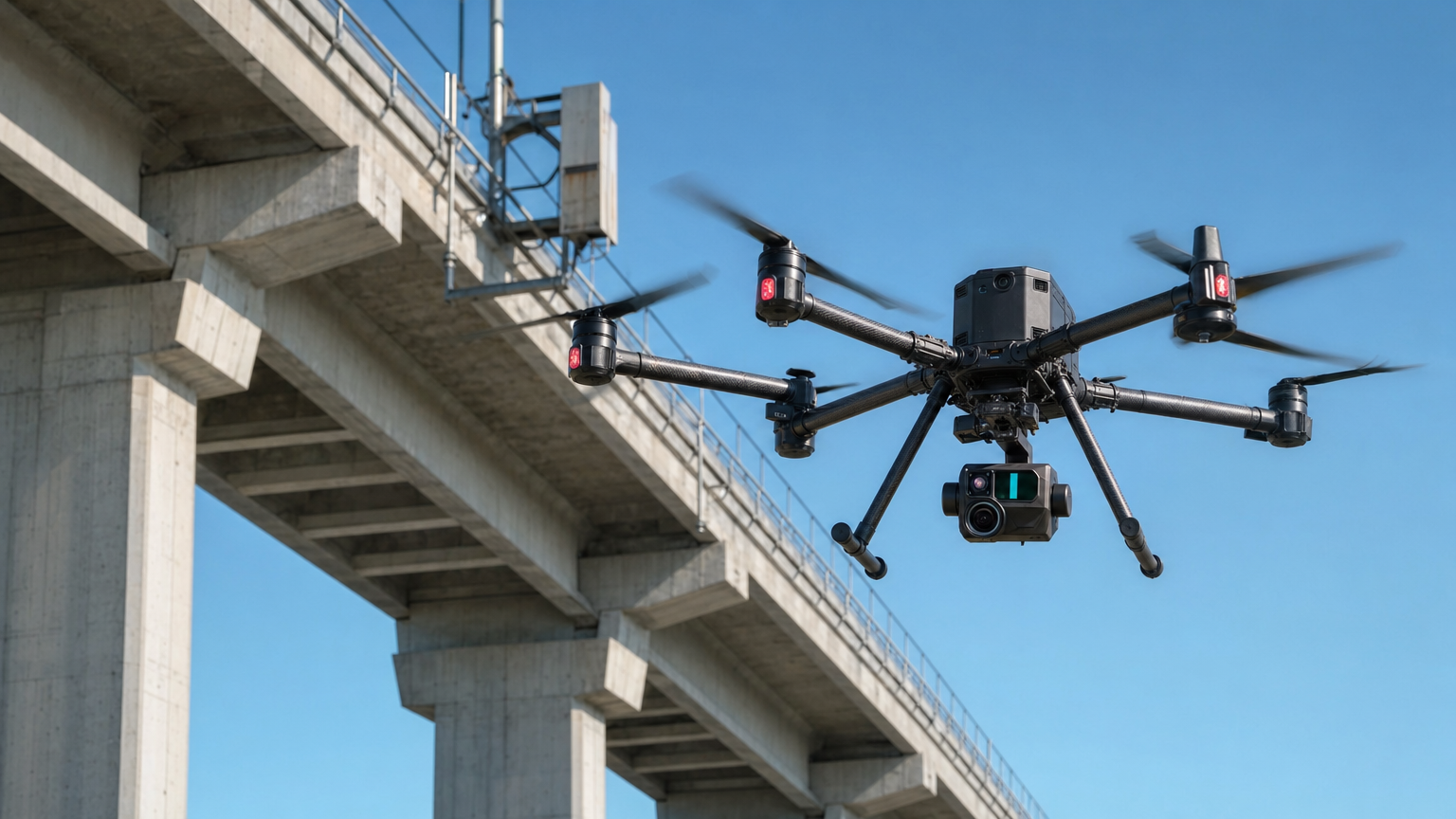 An industrial drone with a thermal camera hovering near a bridge structure during a simulated inspection