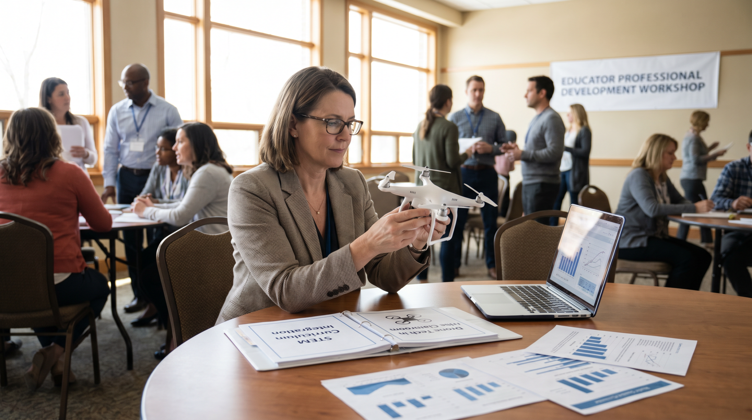 School administrator reviewing drone curriculum materials at a professional development workshop