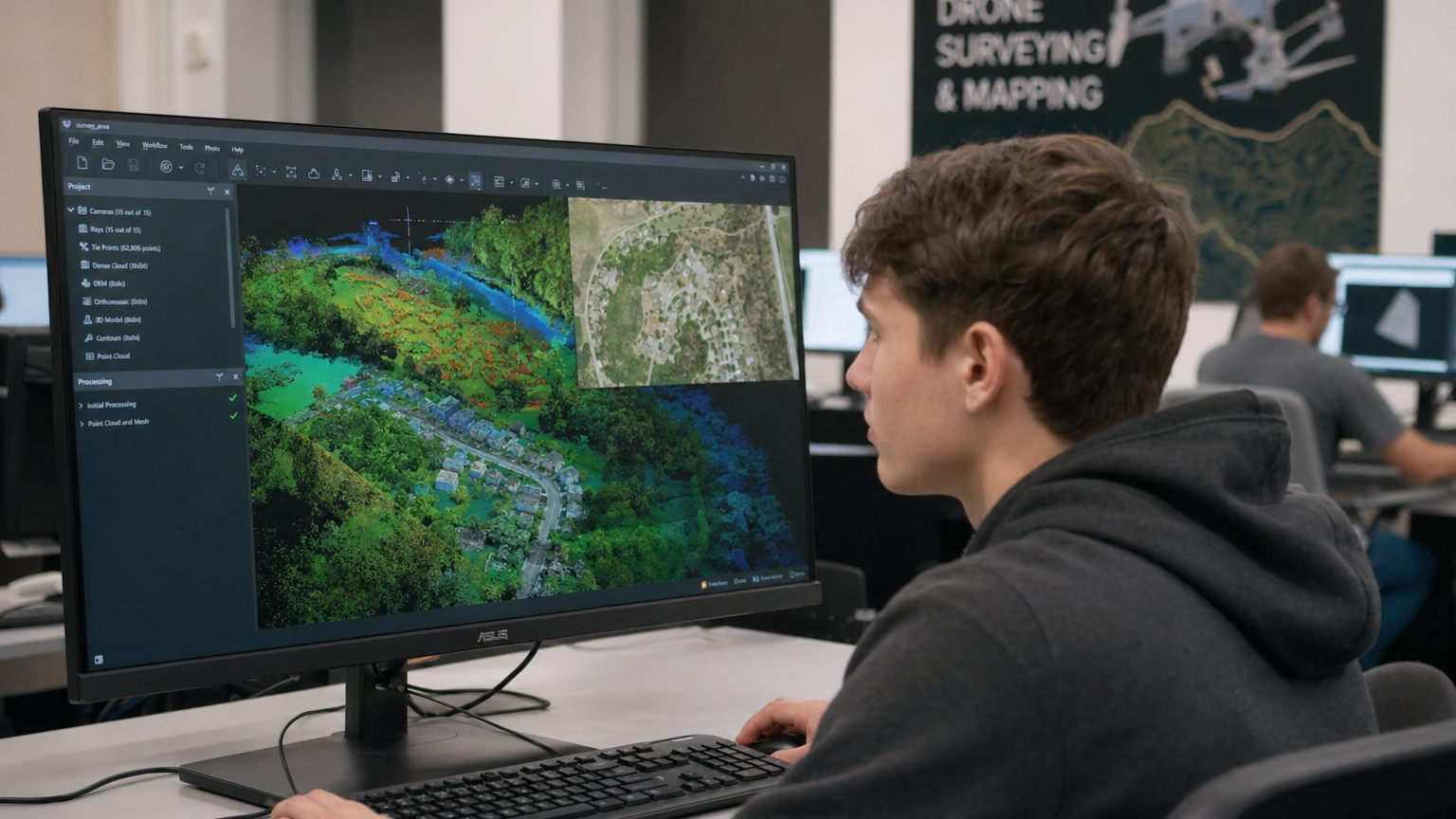 A computer screen showing advanced 3D mapping software processing drone data, with a student analyzing the results