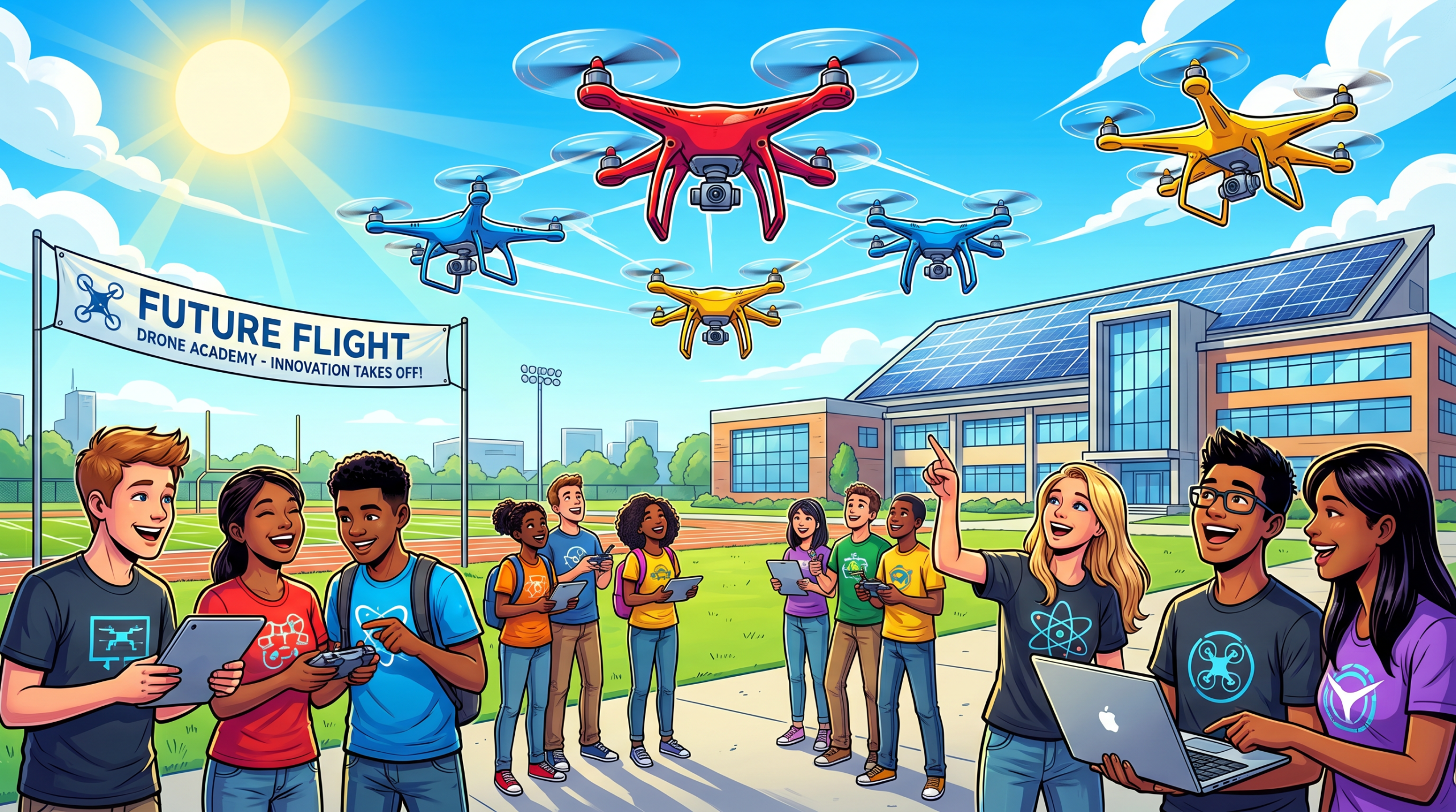 Students collaborating on a high school drone program with multiple drones in flight