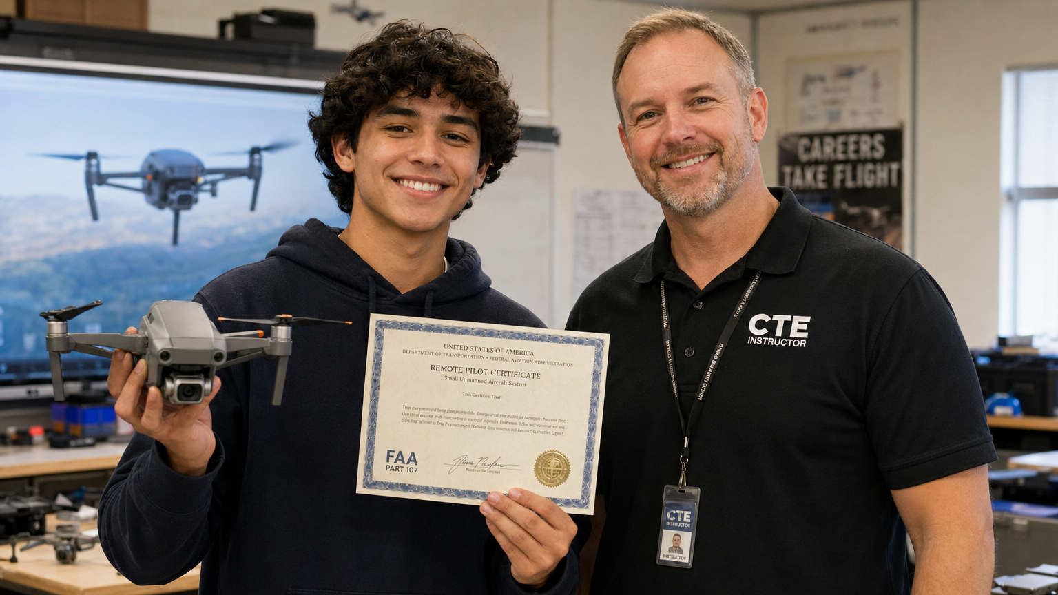 A proud high school student holding a drone and their FAA Part 107 certificate, standing next to their CTE instructor