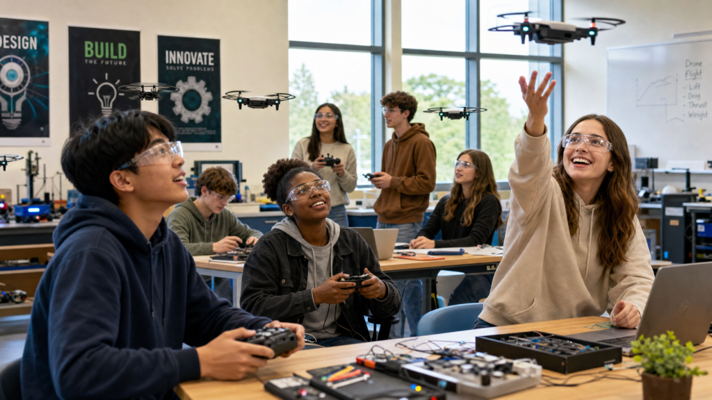 High school students learning drone curriculum in a classroom