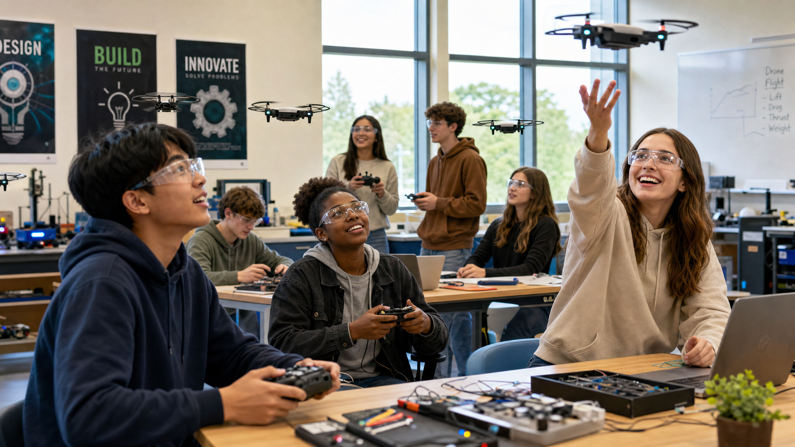 High school students learning drone curriculum in a classroom