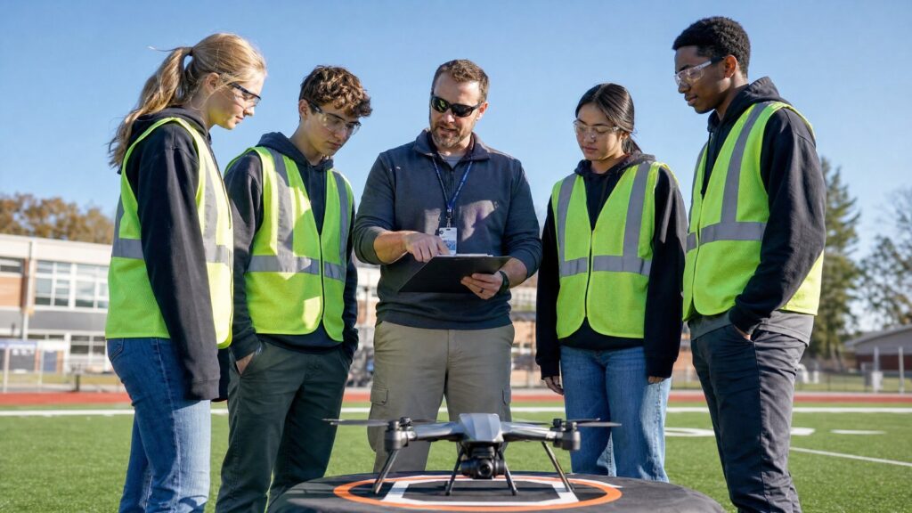 Teacher guiding high school students through a supervised drone preflight checklist