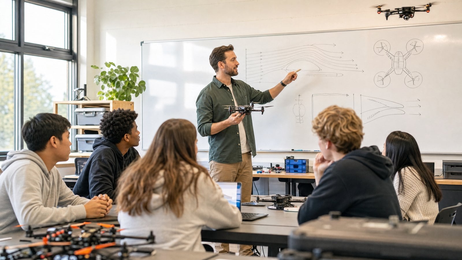 High school students learning drone flight theory in a classroom