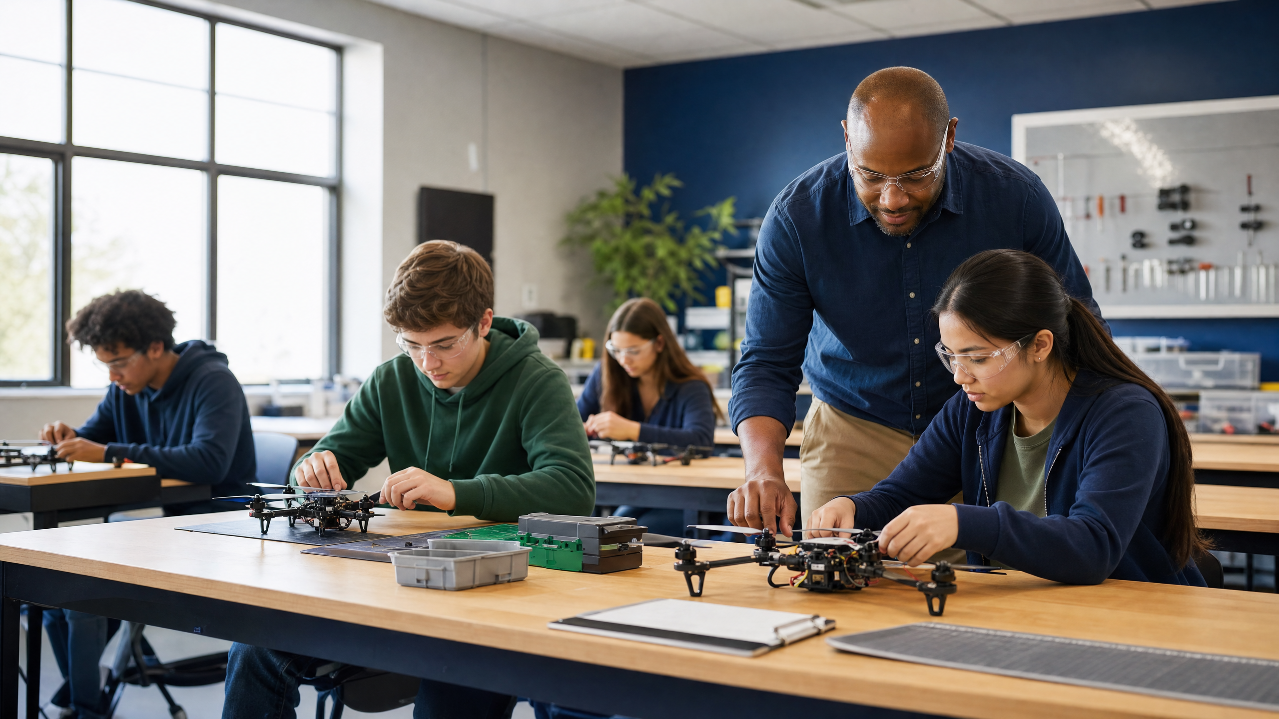 High school CTE drone classroom with educator guiding students through safe drone operations