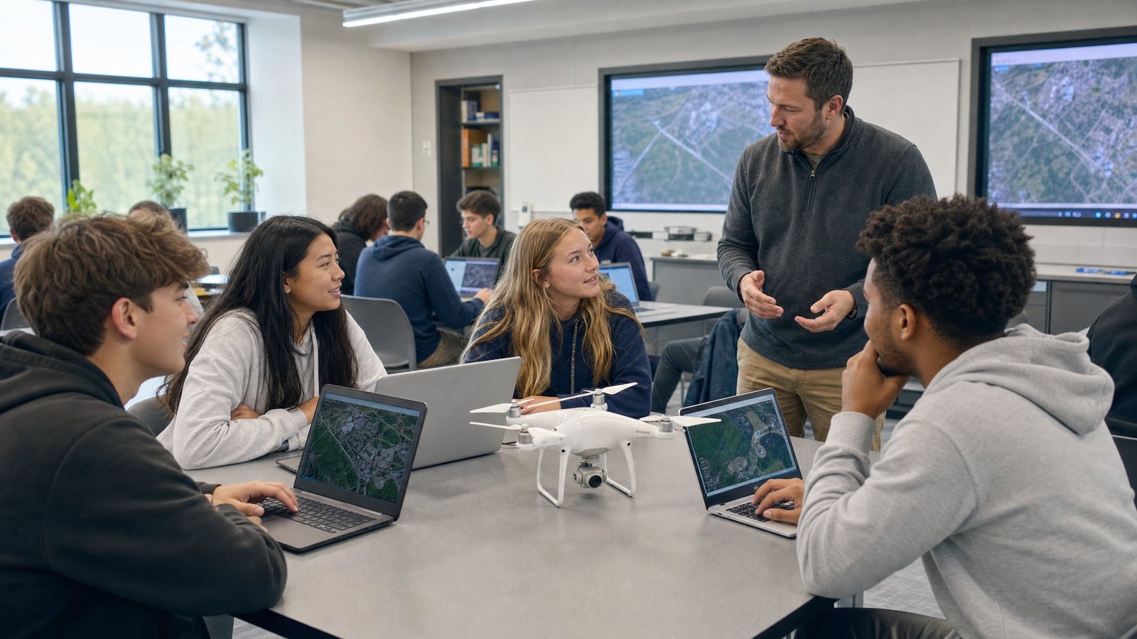 High school students analyzing aerial mapping data during drone curriculum lesson