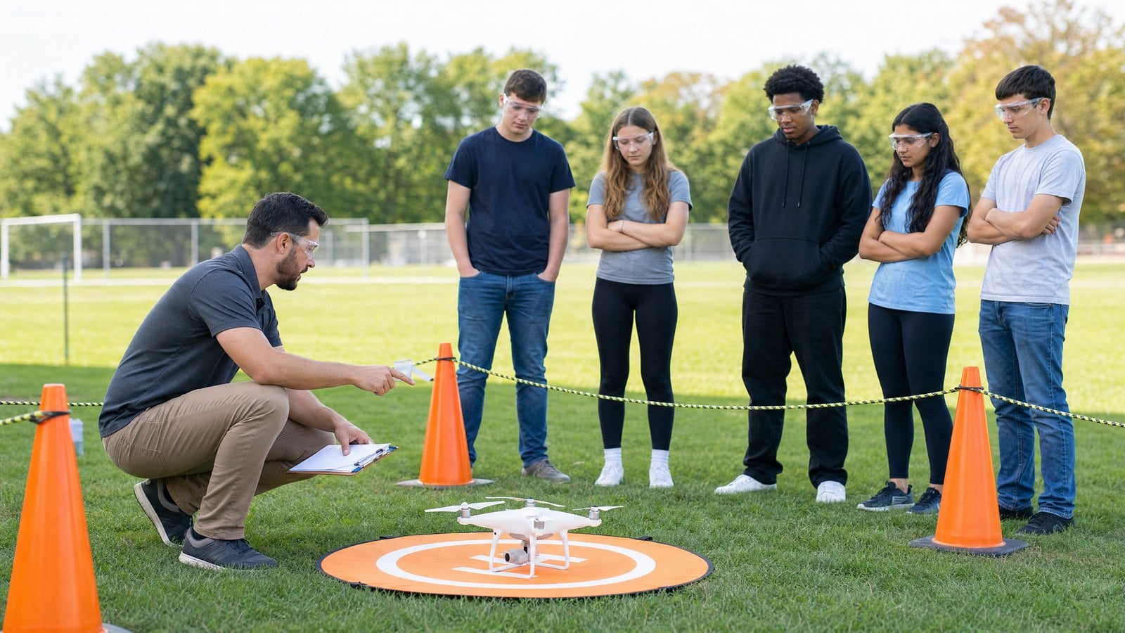 Educator demonstrating drone safety procedures