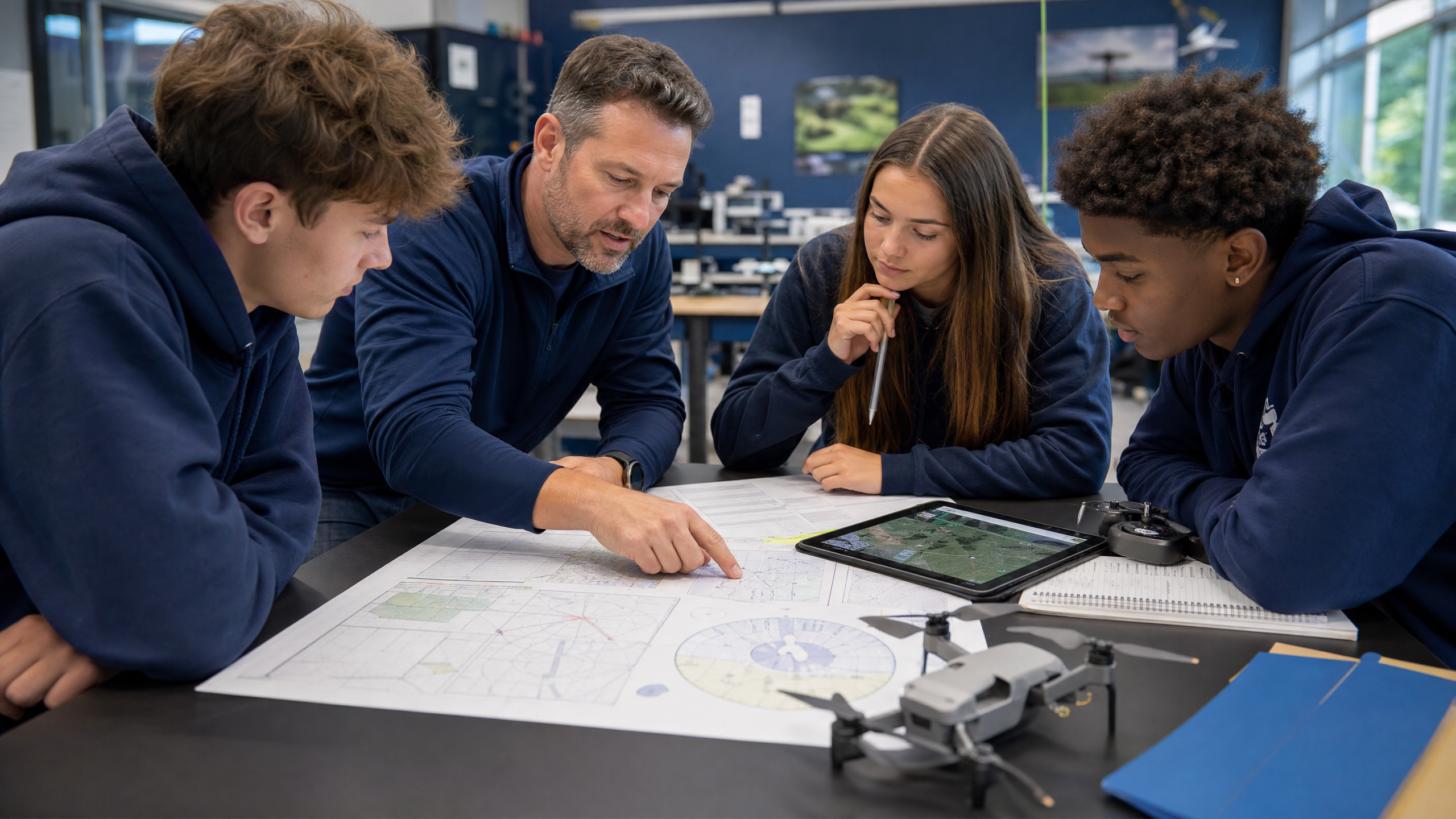 CTE educator reviewing drone mission planning worksheet and airspace map with students