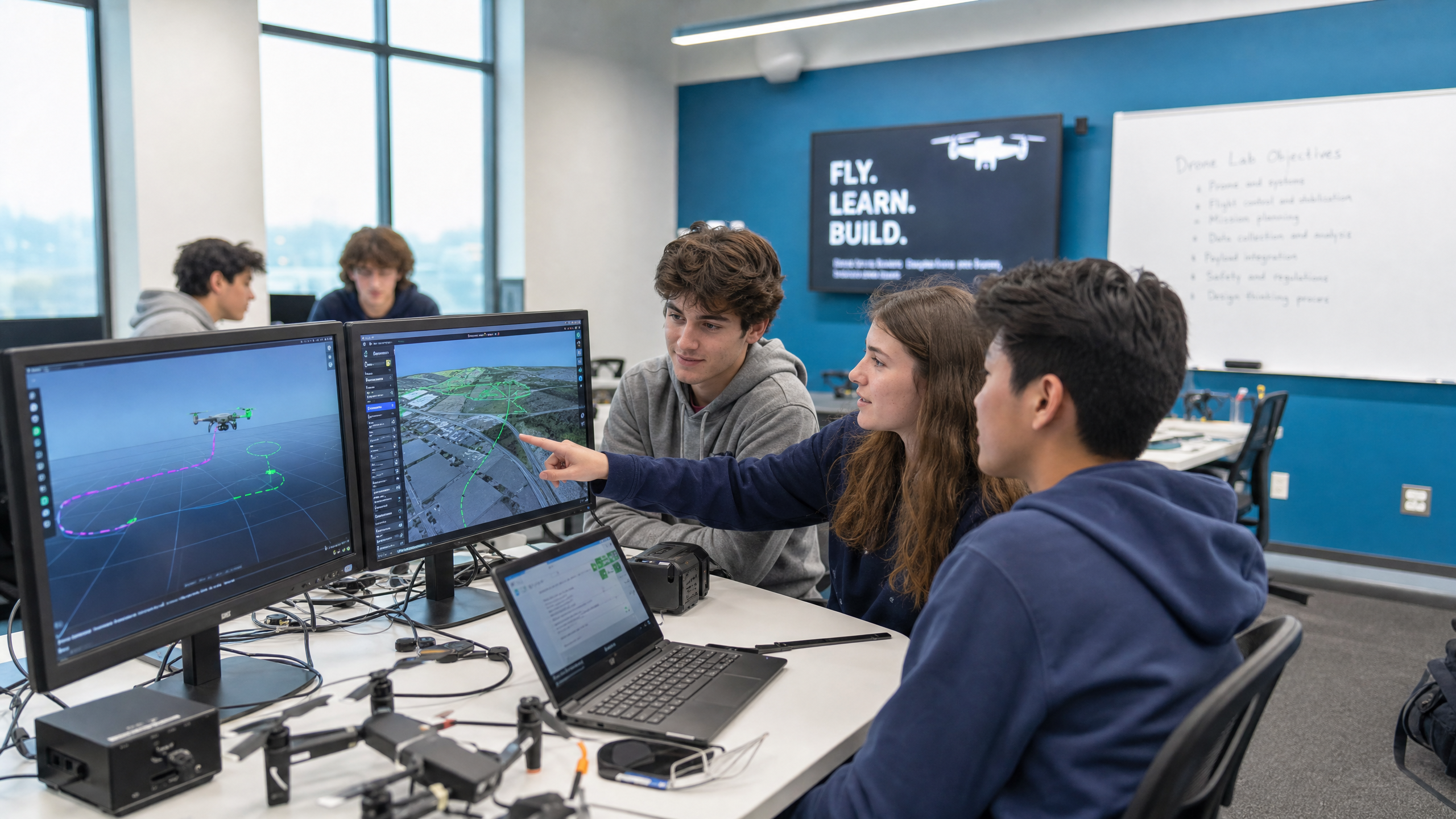Students using drone simulation software in STEM lab