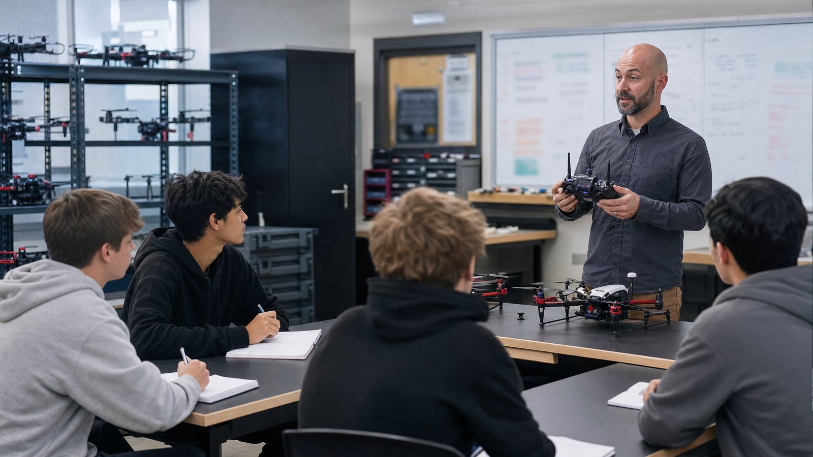 Educator demonstrating drone controller basics in a high school STEM lab