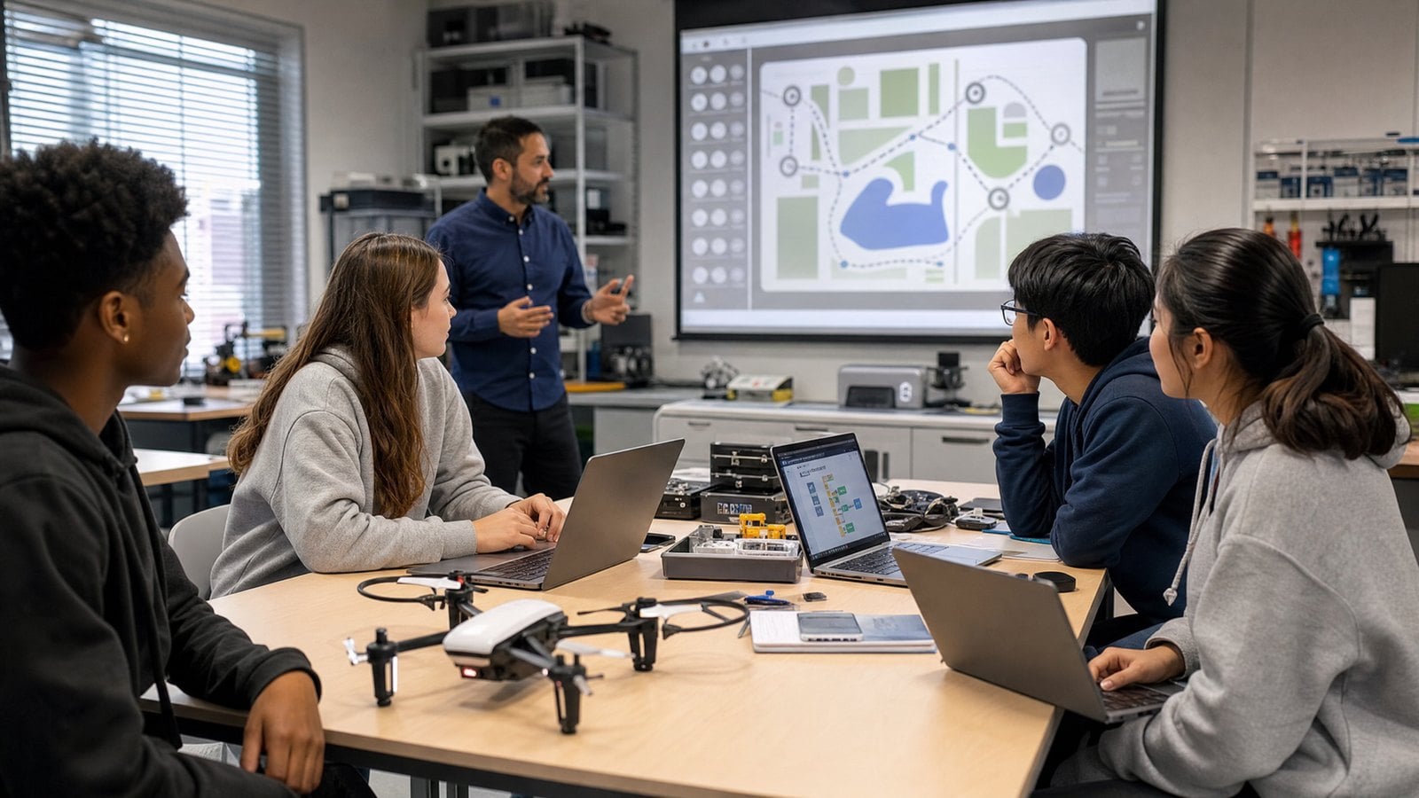 Students practicing drone programming and automation