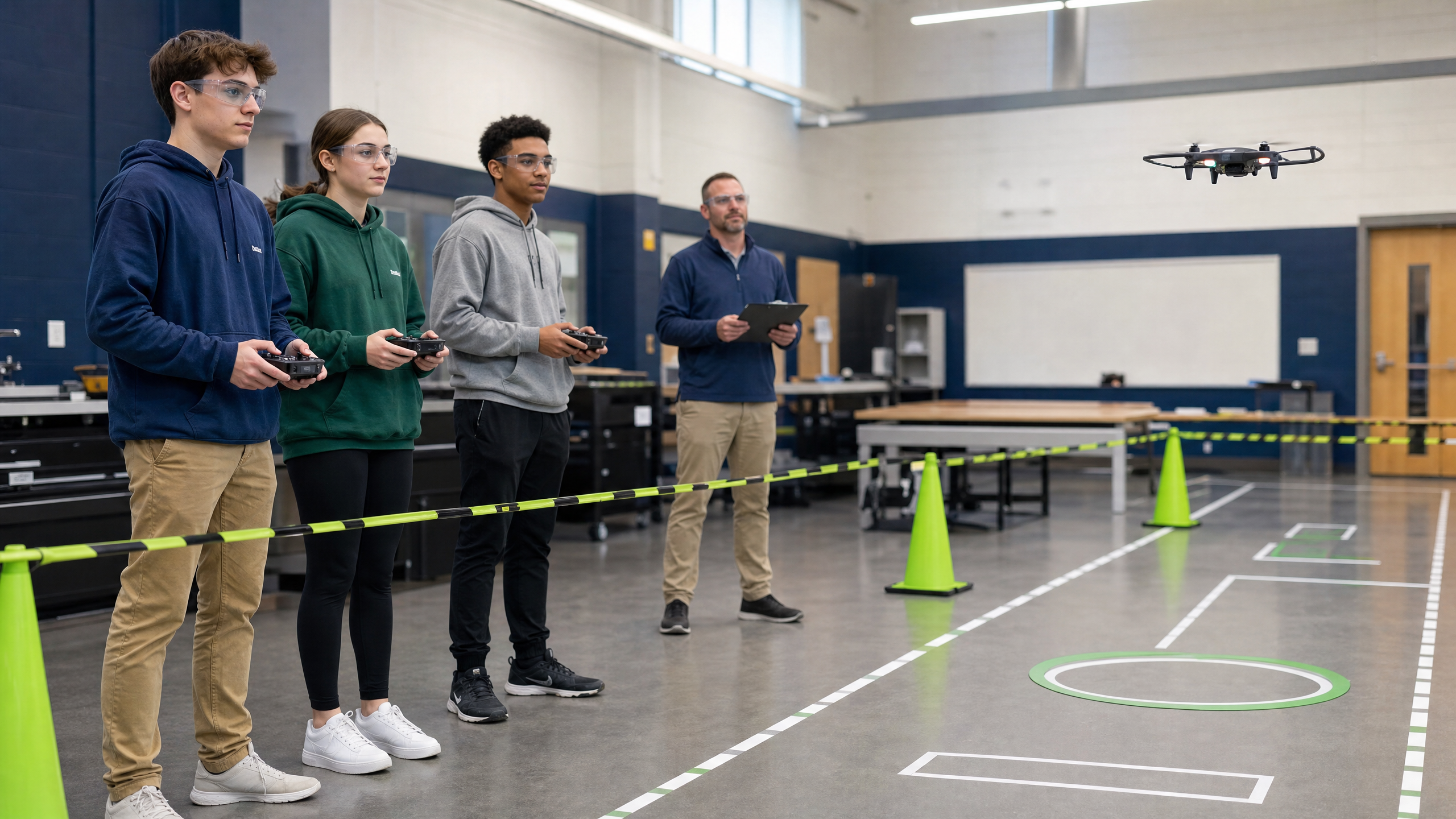 Safe indoor drone flight practice in a school lab with teacher supervision