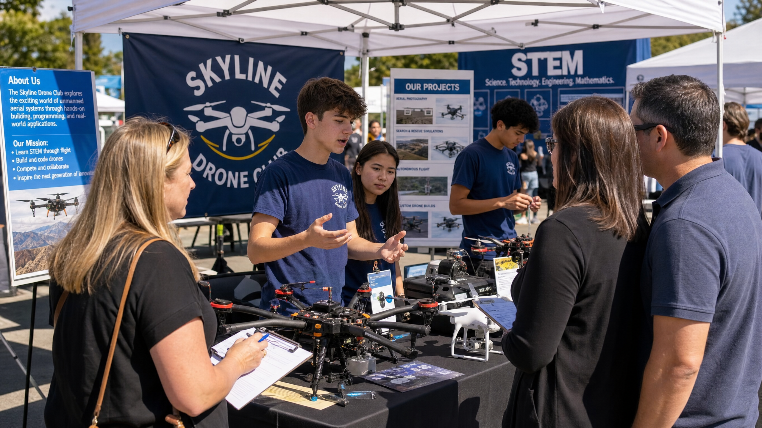 High school drone club showcasing projects at a fair
