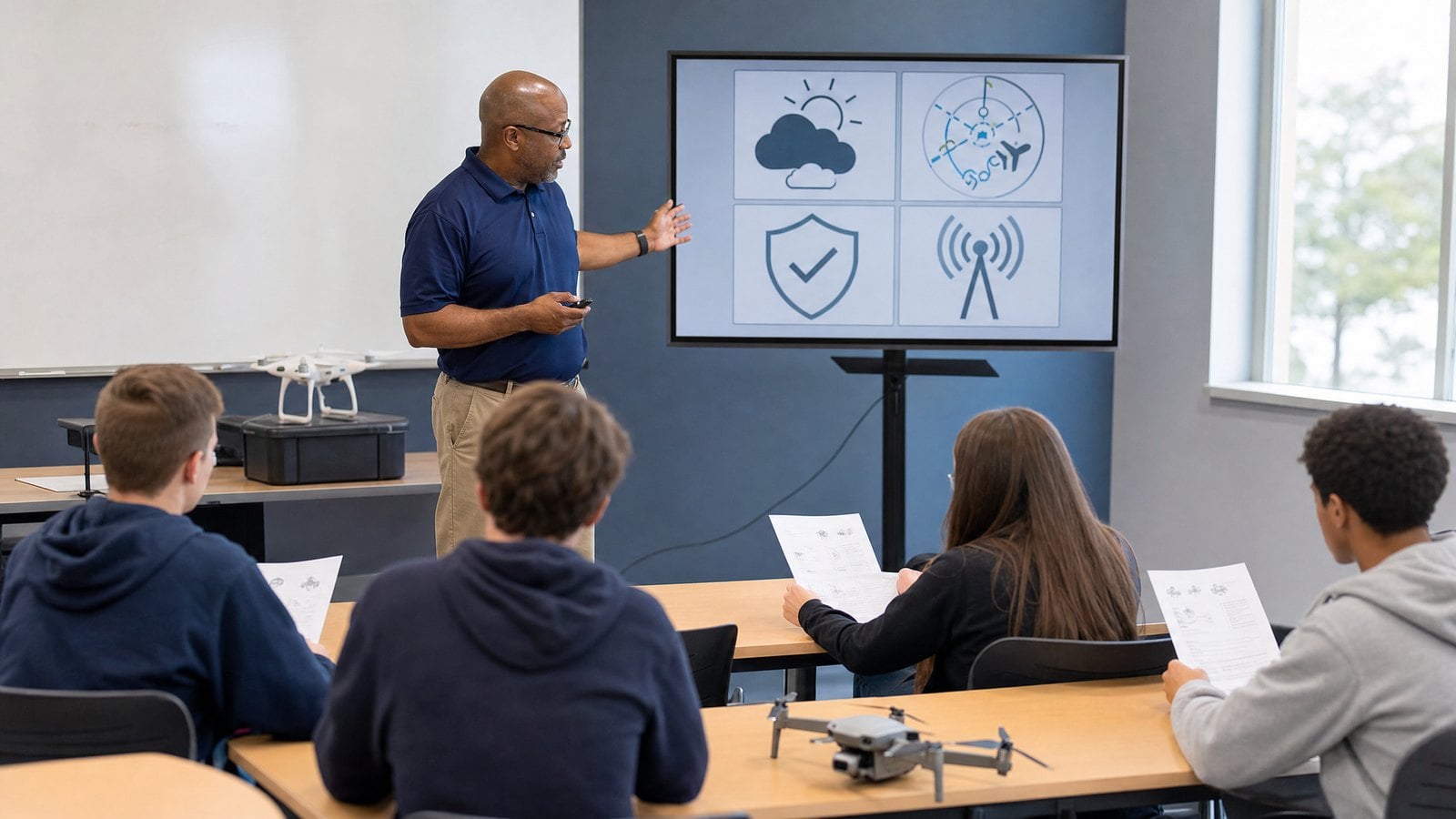 Teacher-led training session on FAA Remote Pilot Certification exam preparation
