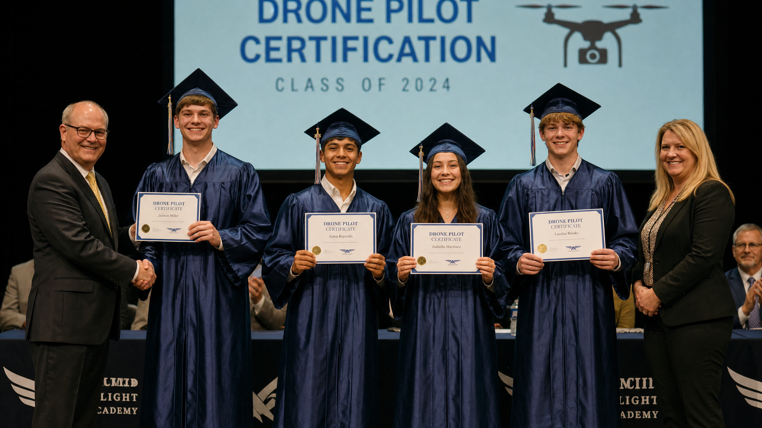 Graduating high school students receiving drone pilot certificates