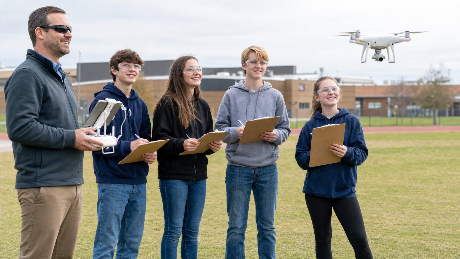 High school drone class completing a supervised outdoor flight exercise