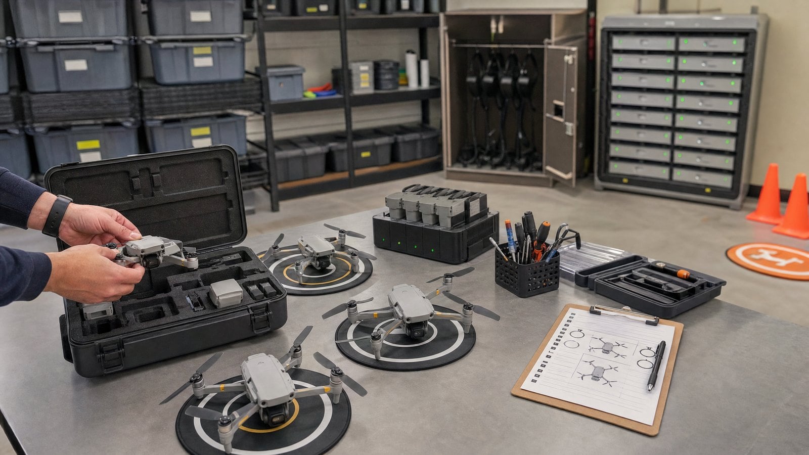 High school drone program equipment setup and sustainable storage
