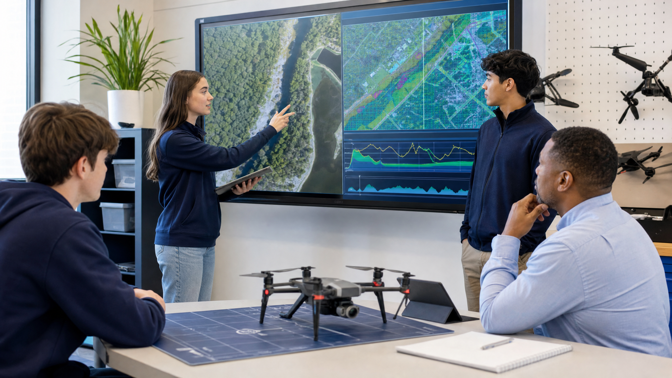 Student drone data project with map imagery and mission notes in a classroom