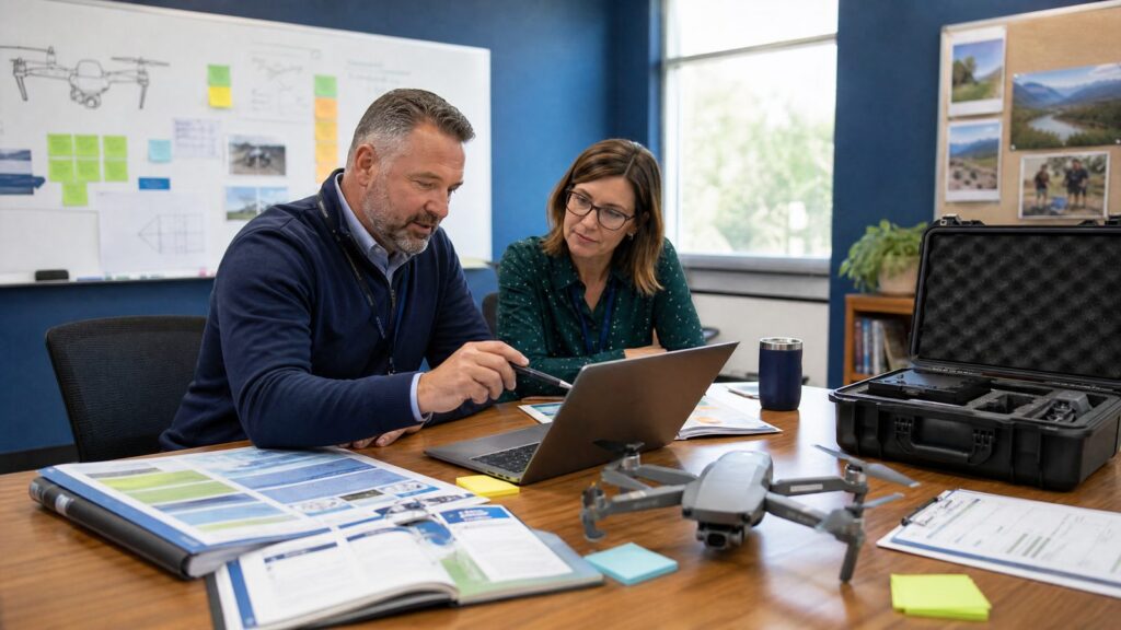 Two people discussing drone plans at office table.