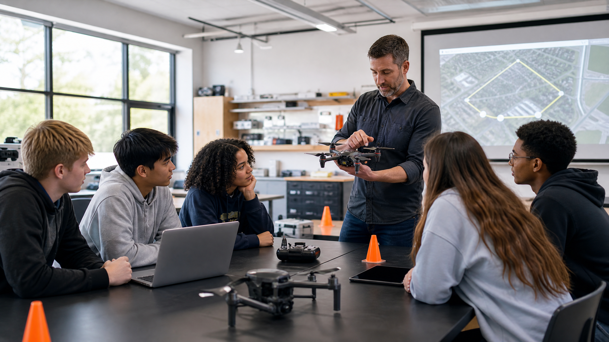 A bright high school CTE classroom where a teacher demonstrates a small training drone to students around a lab table, with safety cones, laptops, and a projected mission map in th