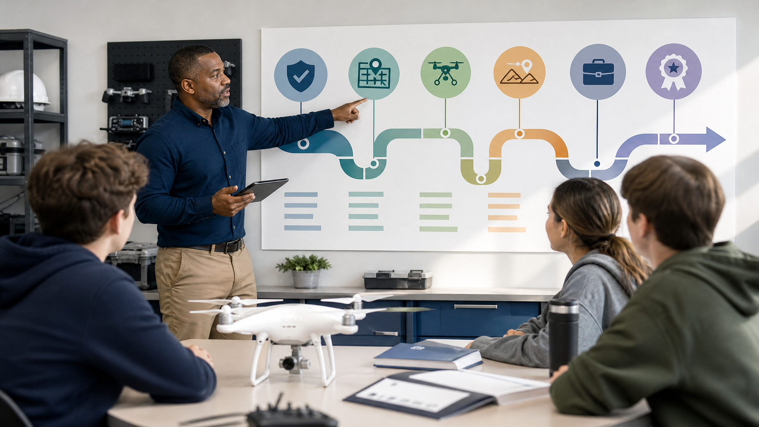 A clean infographic-style classroom scene showing a semester roadmap for a drone CTE course: safety, airspace, flight skills, data missions, careers, and certification readiness.