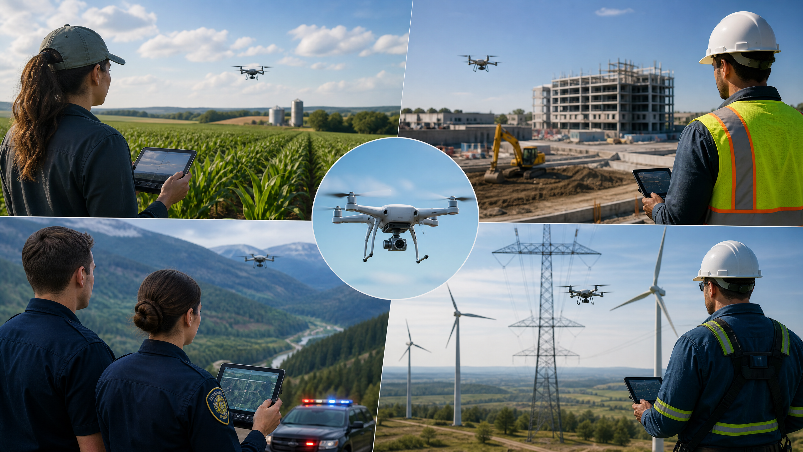 A split-scene visual showing drones used in agriculture crop monitoring, construction site mapping, public safety search planning, and energy infrastructure inspection, designed fo