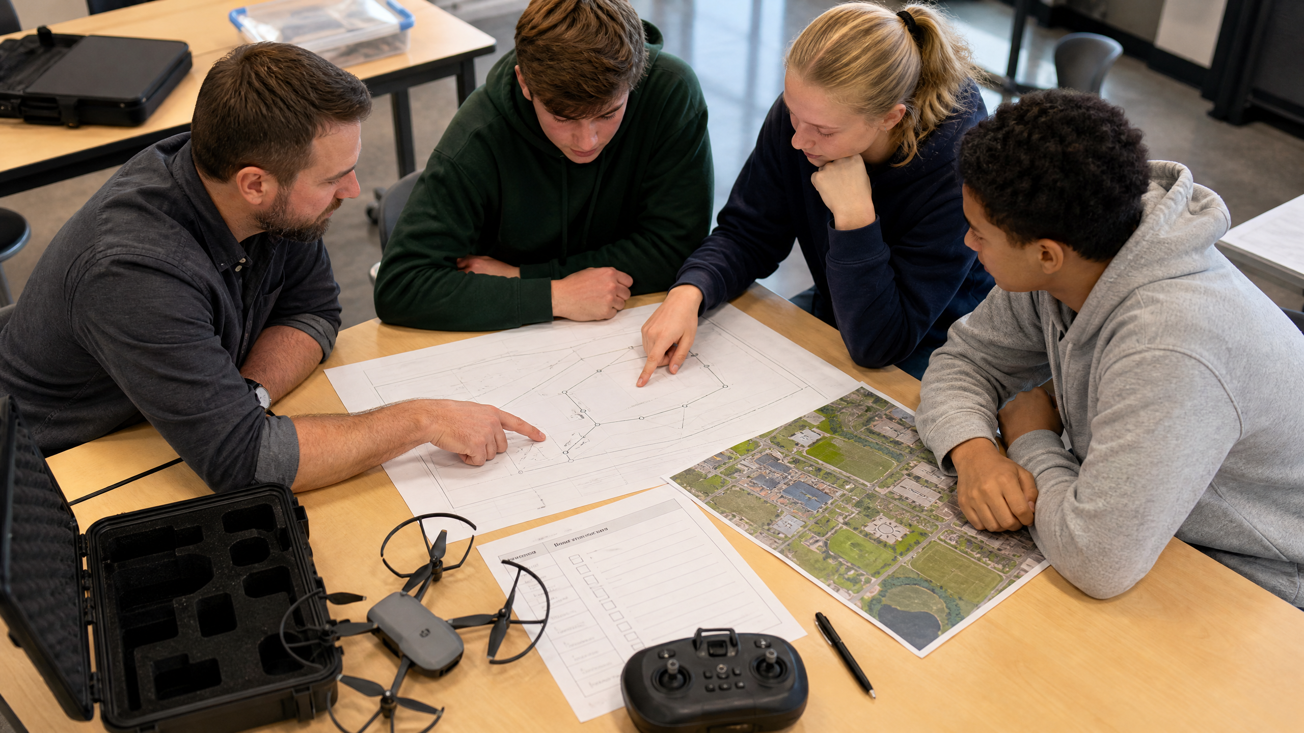 Students reviewing a drone mission planning worksheet with a teacher, including weather, airspace, battery, safety, and crew role sections.