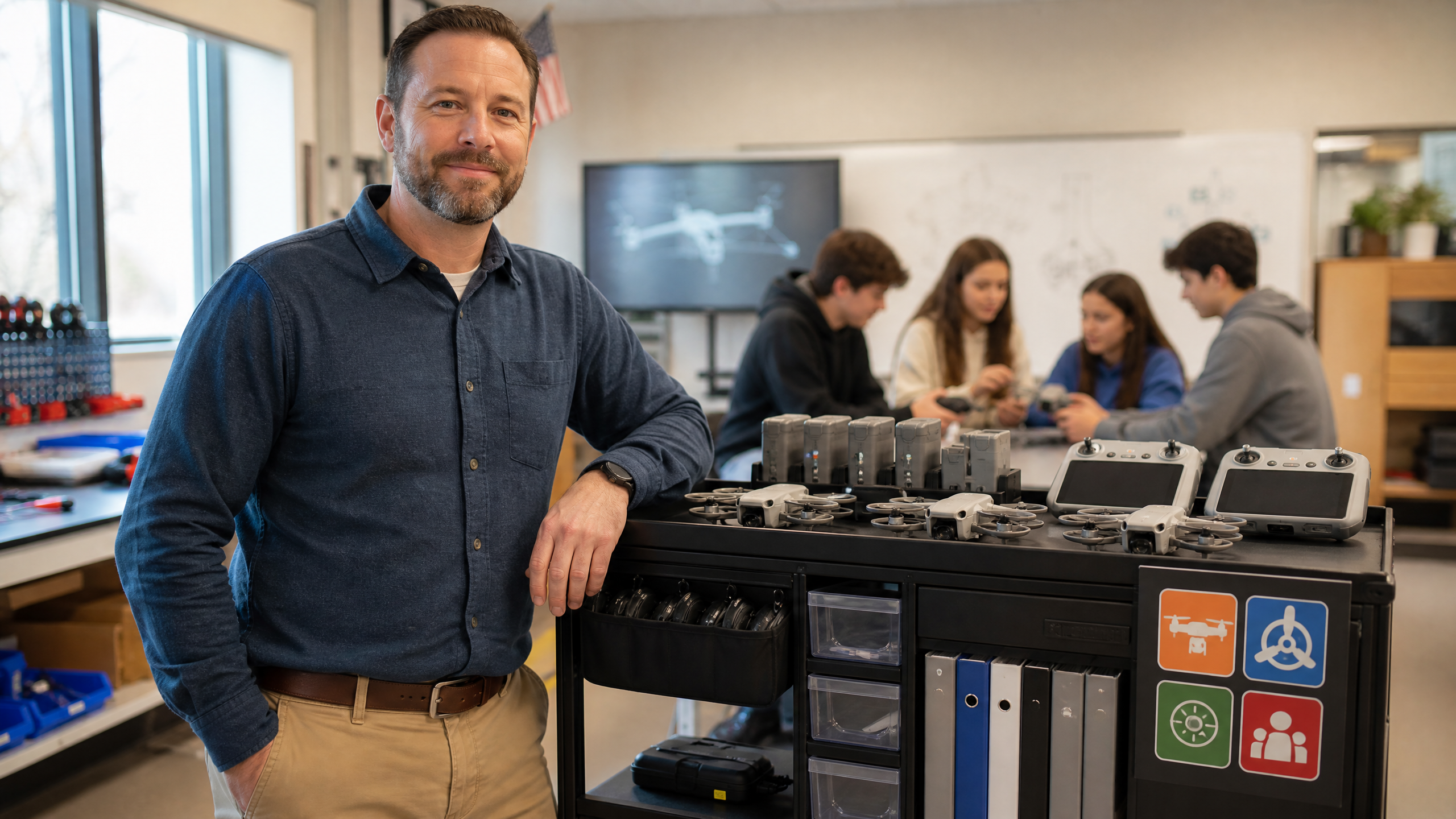 A confident CTE teacher standing beside a drone lab cart with neatly organized drones, batteries, safety signage, and curriculum binders, with students collaborating in the backgro