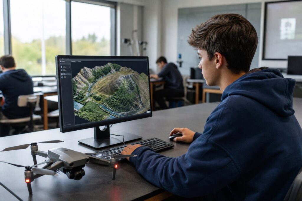 High school student viewing 3D drone topography map on computer in STEM classroom