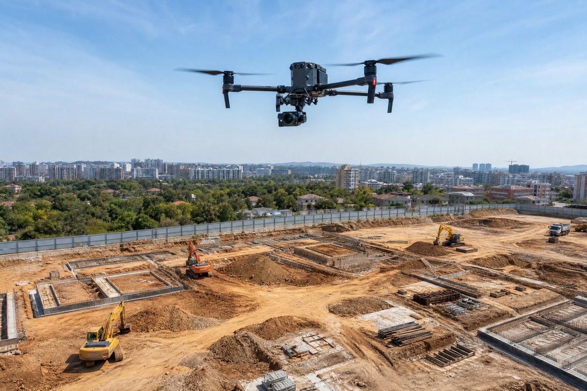 Professional mapping drone flying over active construction site