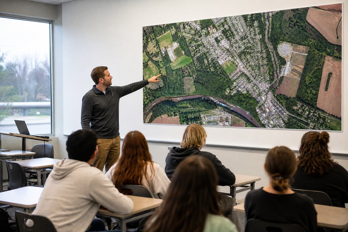 Teacher explaining orthomosaic aerial map to high school students in classroom