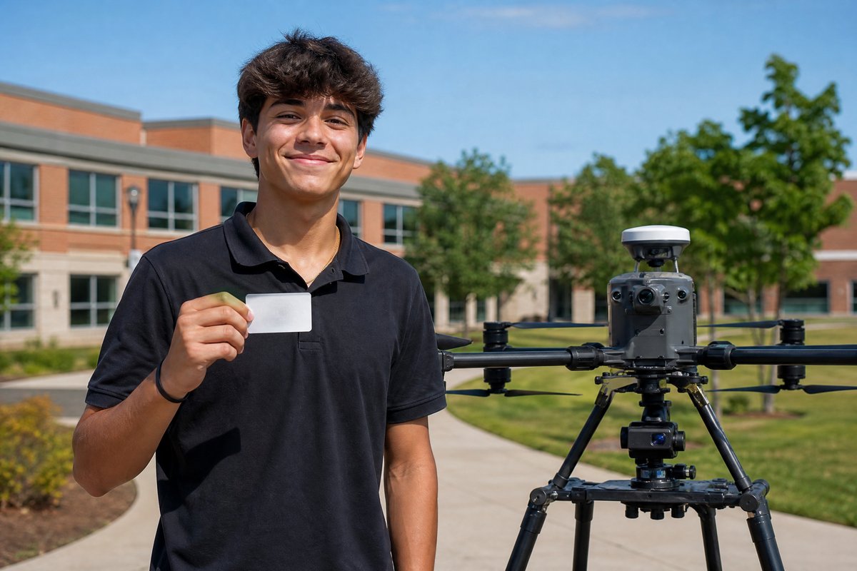 High school student holding FAA Part 107 certificate next to professional mapping drone