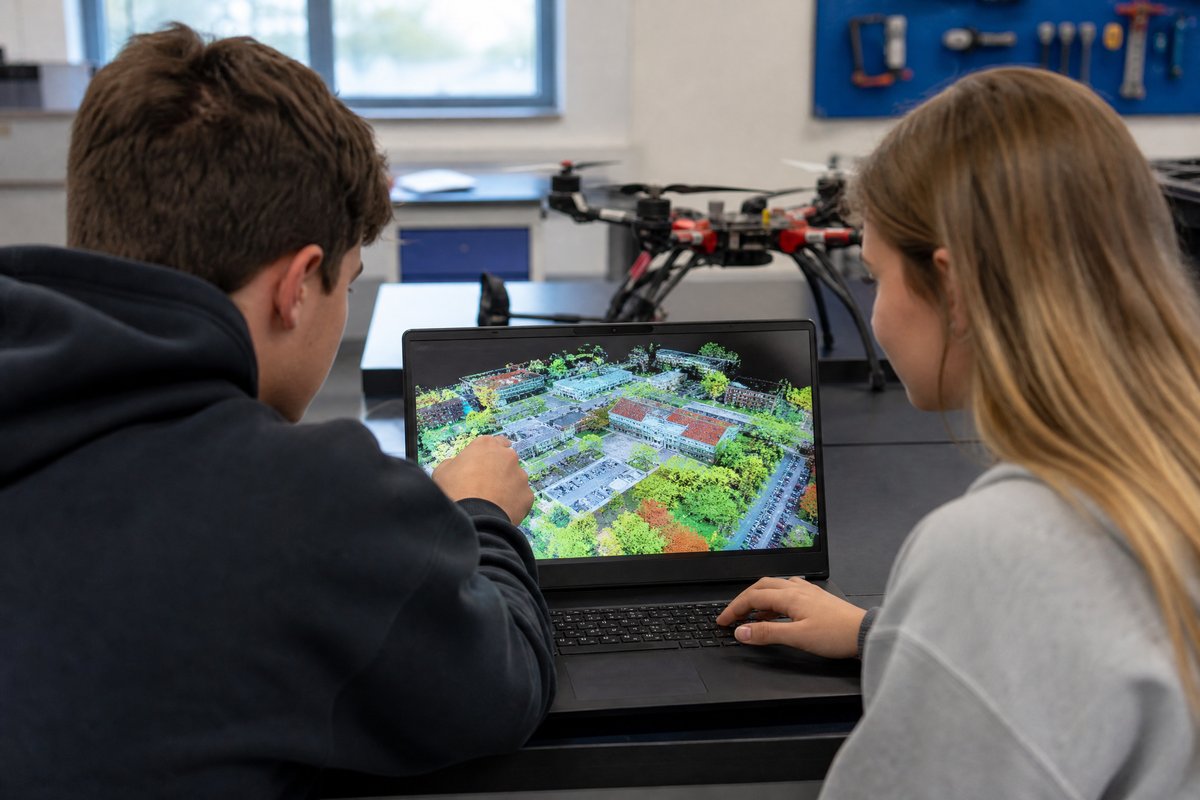 Two students collaborating on drone mapping software showing 3D campus model
