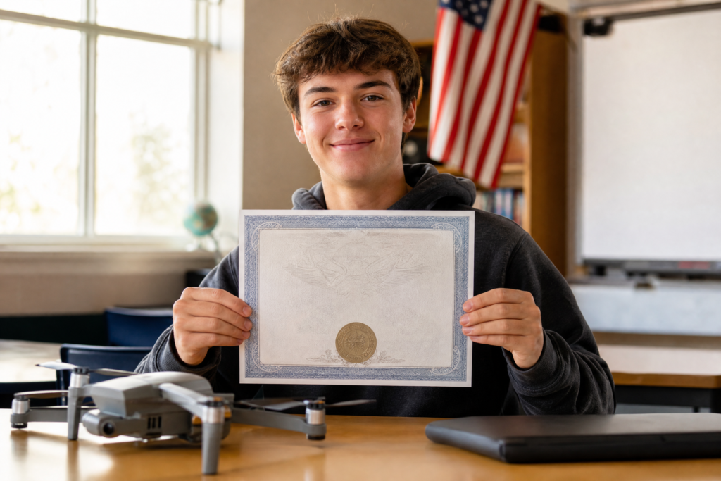 High school student proudly holding an FAA Part 107 Remote Pilot Certificate in a classroom