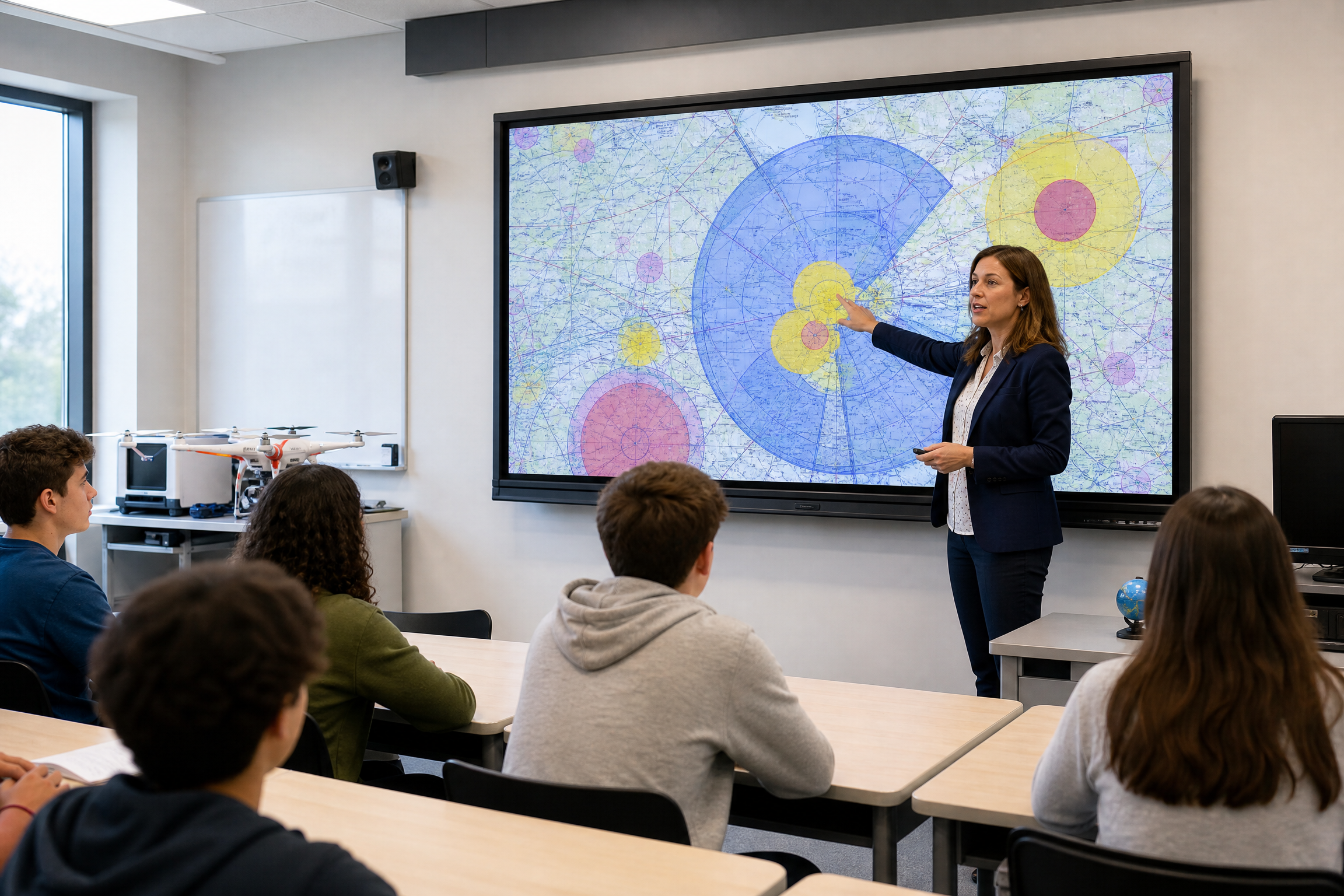 Teacher explaining an aeronautical sectional chart on a smartboard to high school students