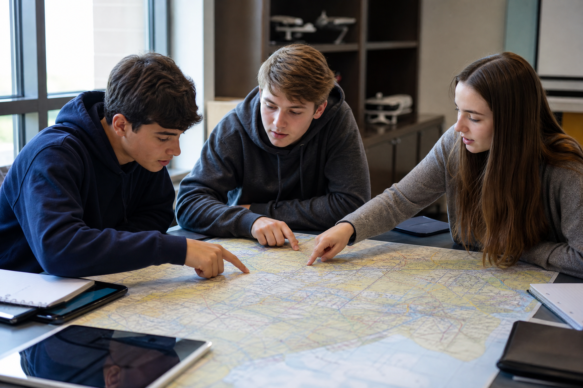 High school students studying an aeronautical sectional chart together