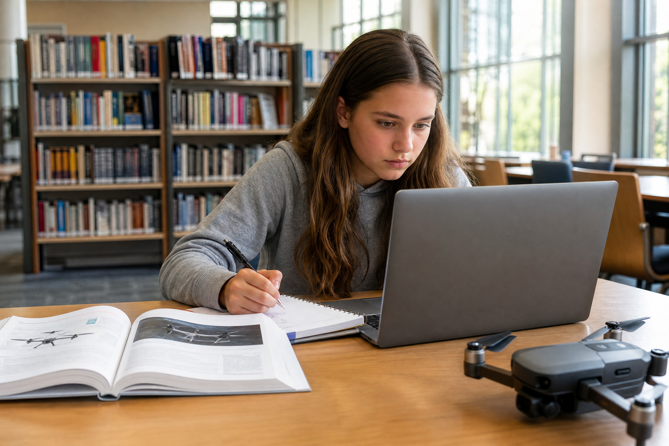 High school student taking a FAA Part 107 practice exam on a laptop in a school library