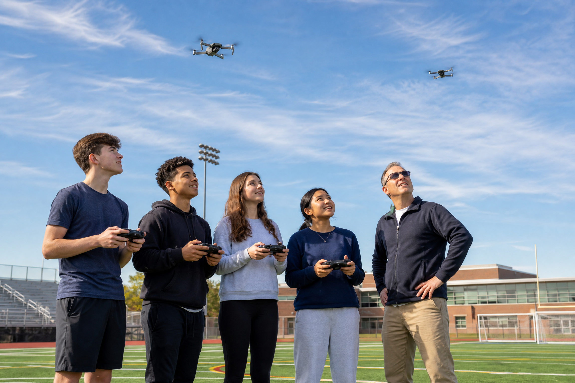 Diverse group of high school students flying drones outdoors with a teacher supervising