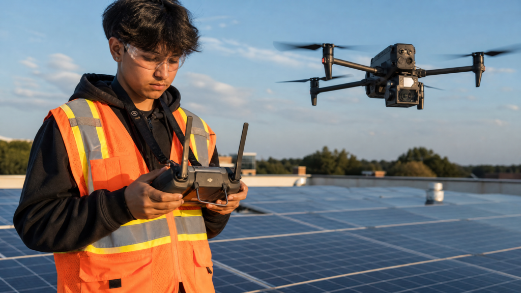 High school CTE student in orange high-vis vest operating a thermal imaging drone over a solar panel array