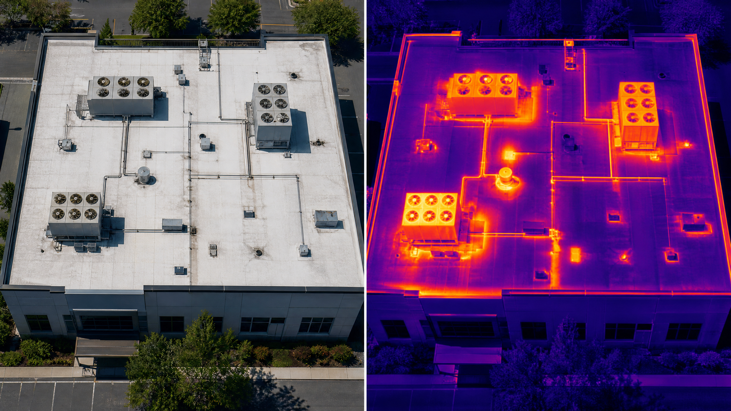 Side-by-side comparison of a standard aerial rooftop photo versus a thermal heat-map of the same roof