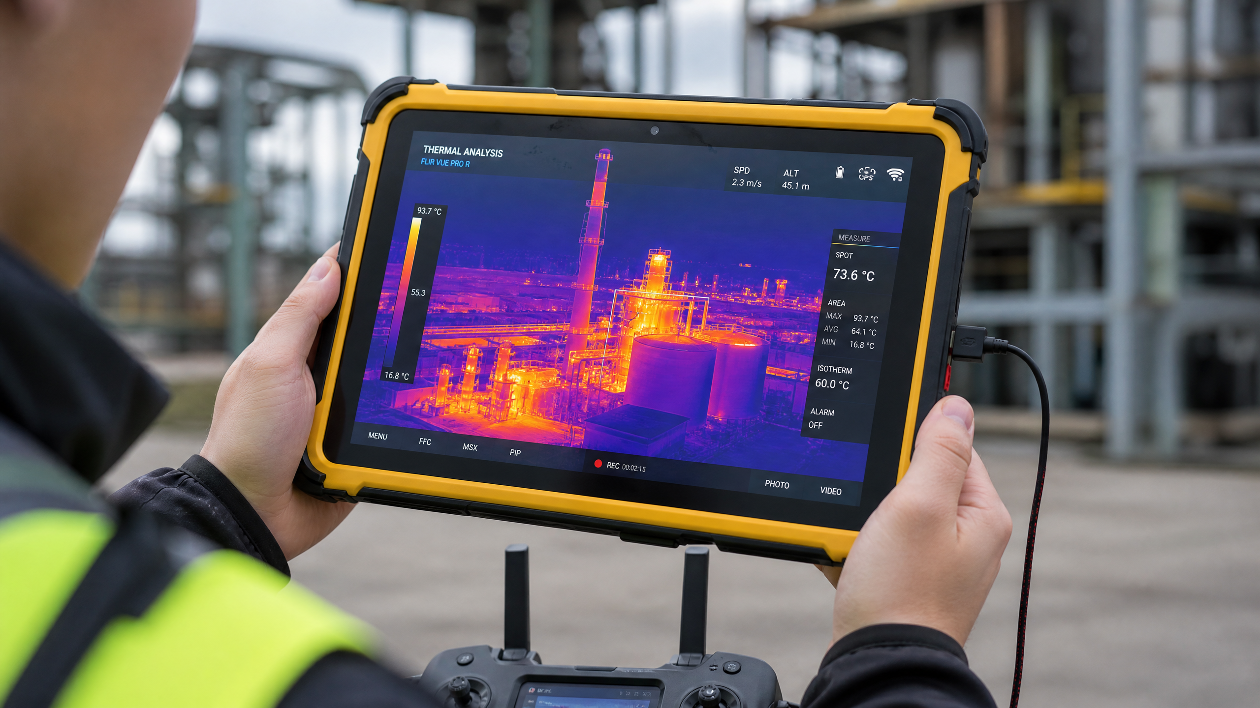 Student holding a rugged yellow tablet displaying a detailed thermal analysis map of an industrial facility